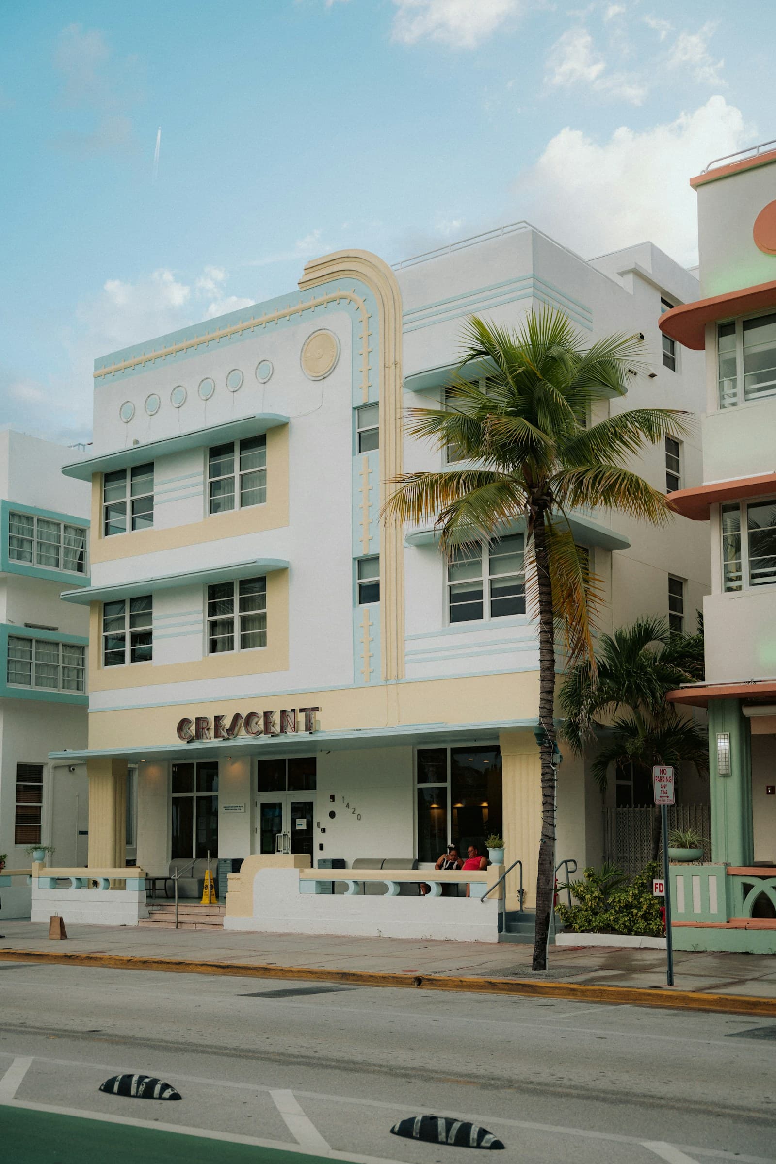 Art Deco hotel with palm tree on Ocean Drive